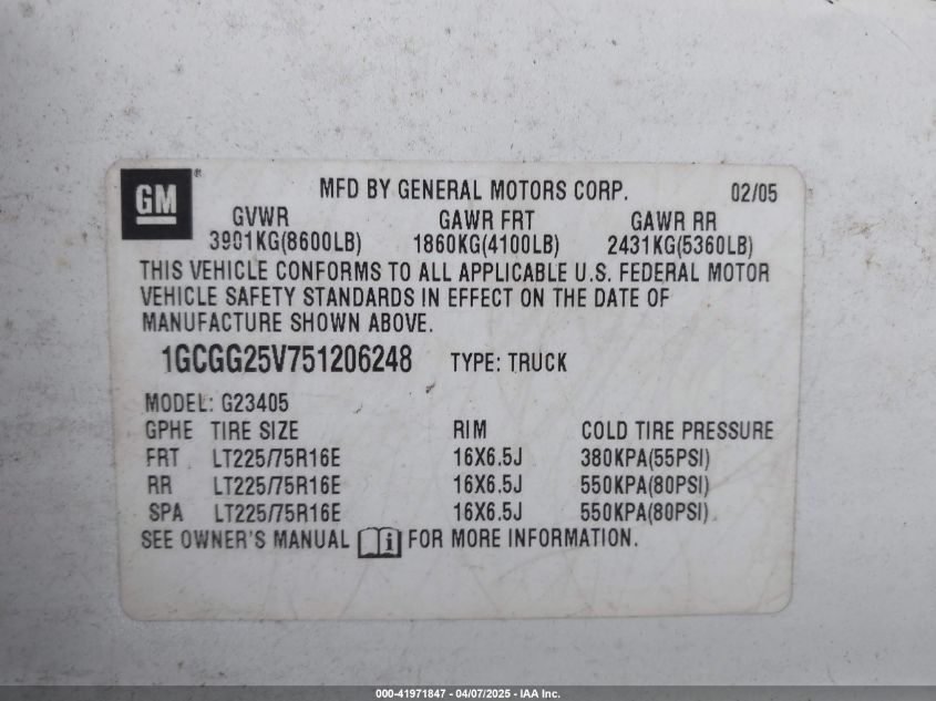 2005 Chevrolet Express VIN: 1GCGG25V751206248 Lot: 41971847