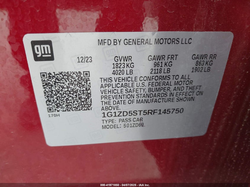 2024 CHEVROLET MALIBU 1.5L I-4 DI, DOHC, V(VIN: 1G1ZD5ST5RF145750