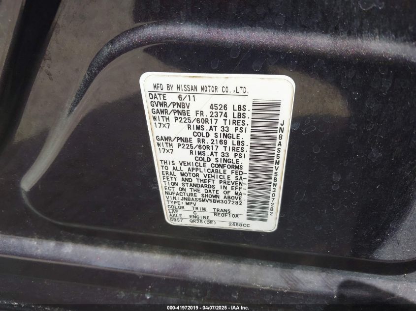 2011 Nissan Rogue Sv VIN: JN8AS5MV5BW307282 Lot: 41972019