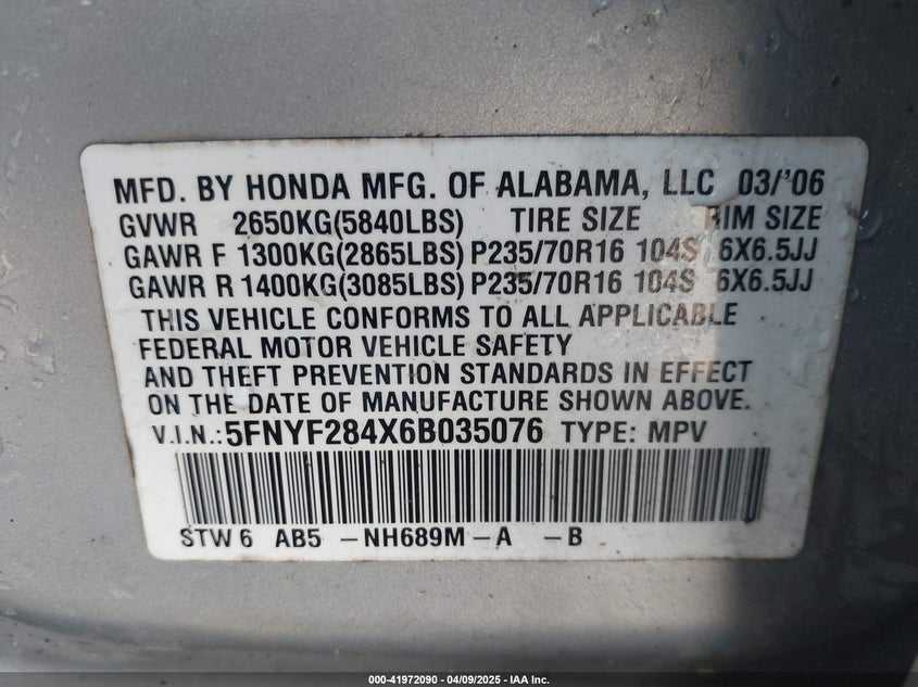 2006 HONDA PILOT VIN: 5FNYF284X6B035076