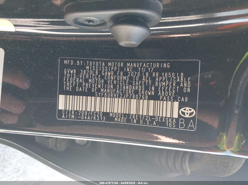 2018 TOYOTA COROLLA VIN: 5YFBURHE2JP780768