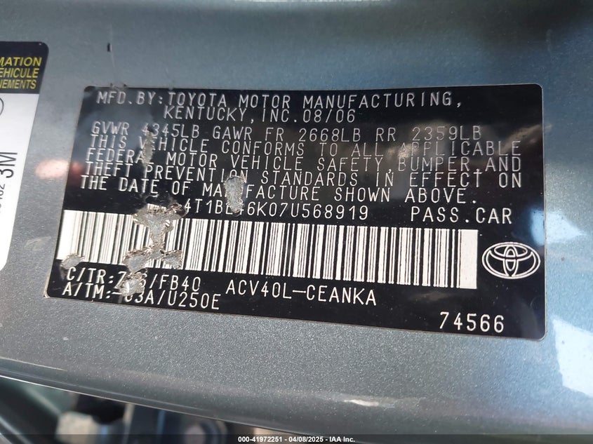 2007 TOYOTA CAMRY VIN: 4T1BE46K07U568919