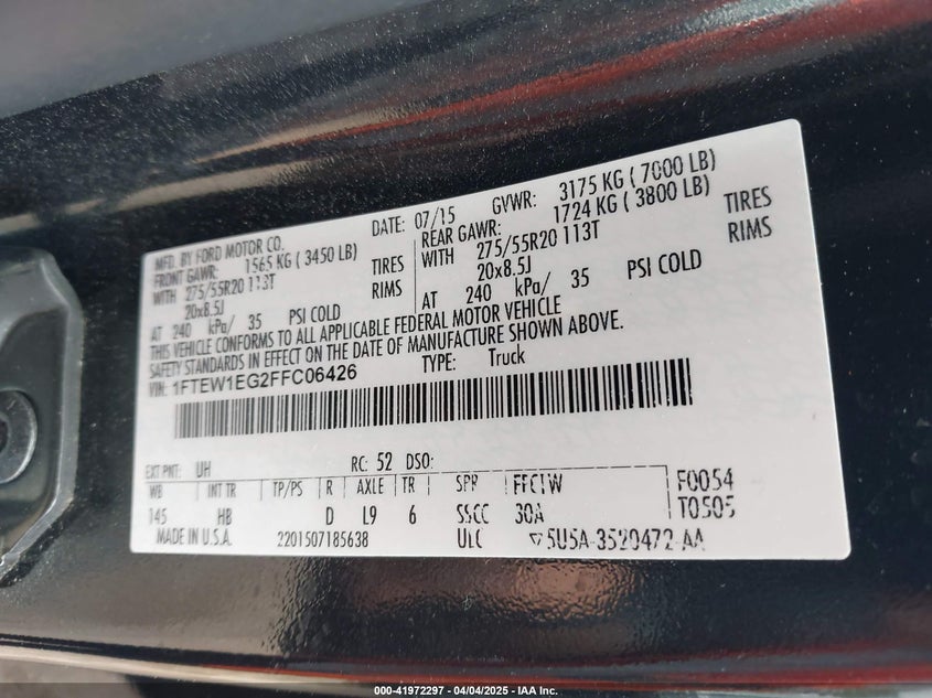2015 FORD F-150 VIN: 1FTEW1EG2FFC06426