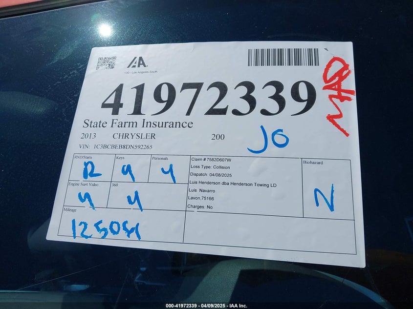 2013 CHRYSLER 200 VIN: 1C3BCBEB8DN592265