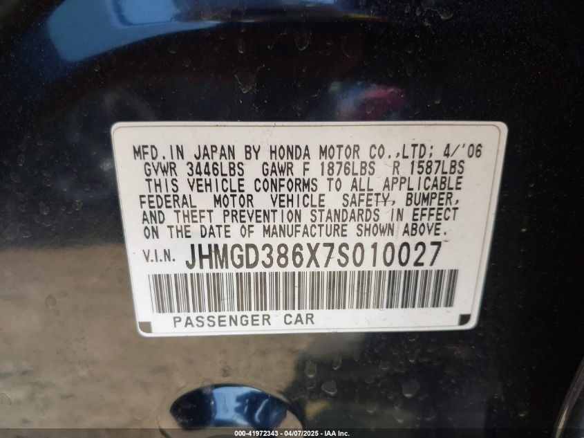 2007 Honda Fit Sport VIN: JHMGD386X7S010027 Lot: 41972343