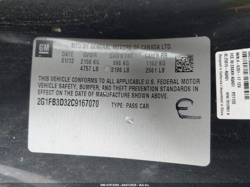 2012 Chevrolet Camaro 1Lt VIN: 2G1FB3D32C9167070 Lot: 41972392