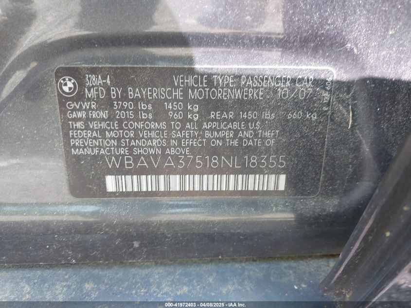 2008 BMW 328I VIN: WBAVA37518NL18355 Lot: 41972403