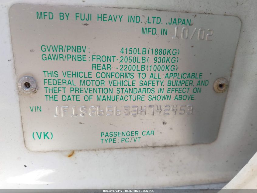 2003 Subaru Forester Xs VIN: JF1SG65683H742453 Lot: 41972417