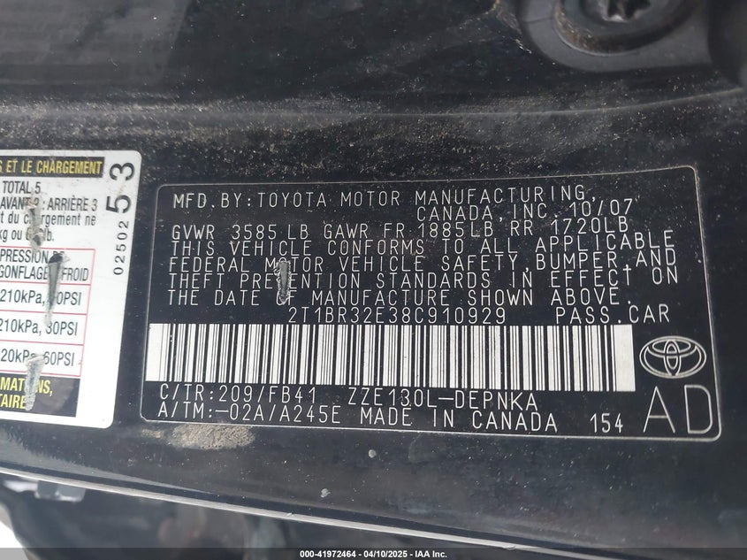 2008 TOYOTA COROLLA VIN: 2T1BR32E38C910929