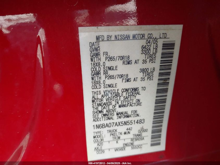 2005 Nissan Titan Se VIN: 1N6BA07AX5N551483 Lot: 41972512