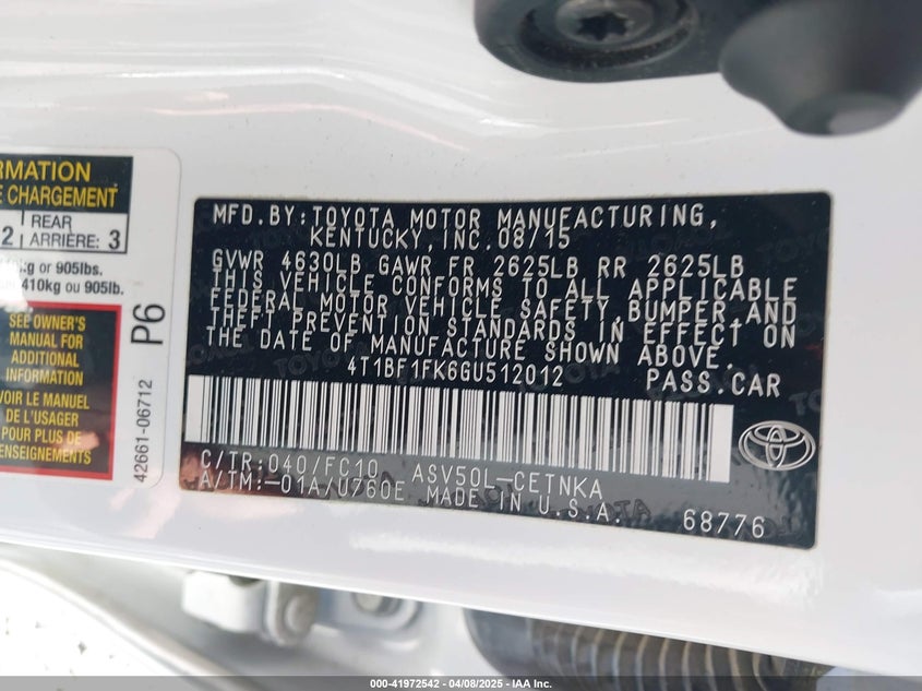 2016 TOYOTA CAMRY VIN: 4T1BF1FK6GU512012