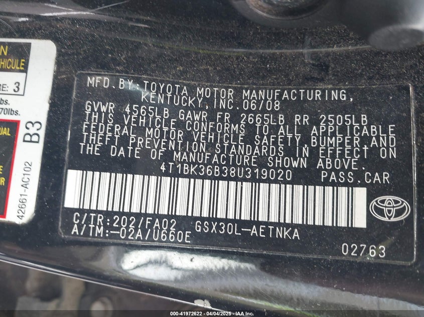 2008 TOYOTA AVALON VIN: 4T1BK36B38U319020