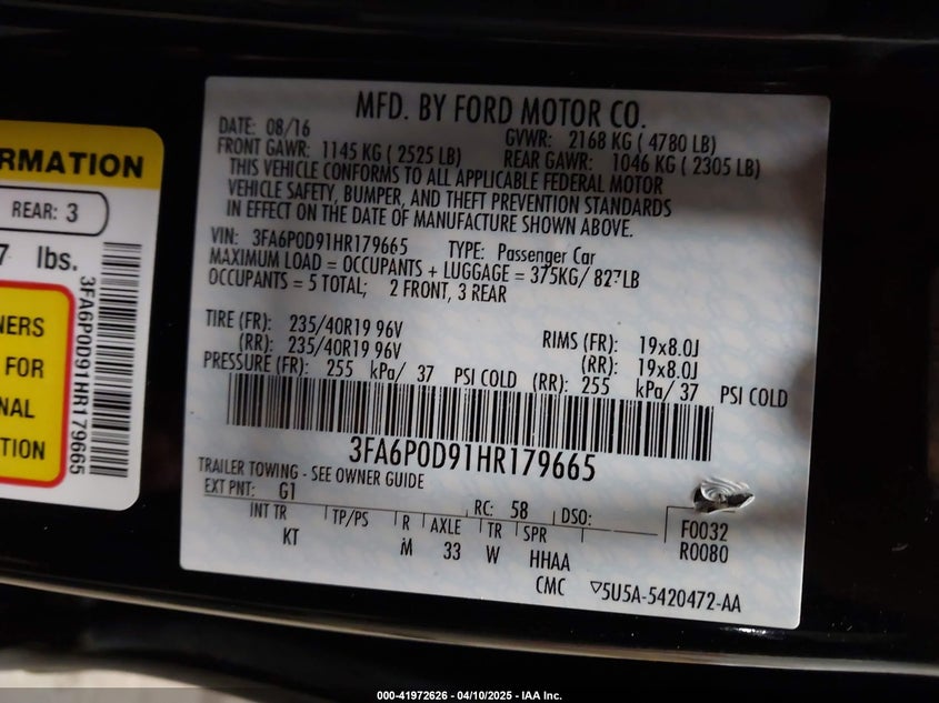 2017 FORD FUSION VIN: 3FA6P0D91HR179665