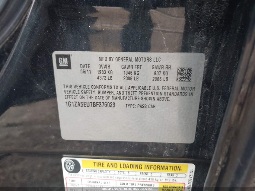 2011 CHEVROLET MALIBU VIN: 1G1ZA5EU7BF376023