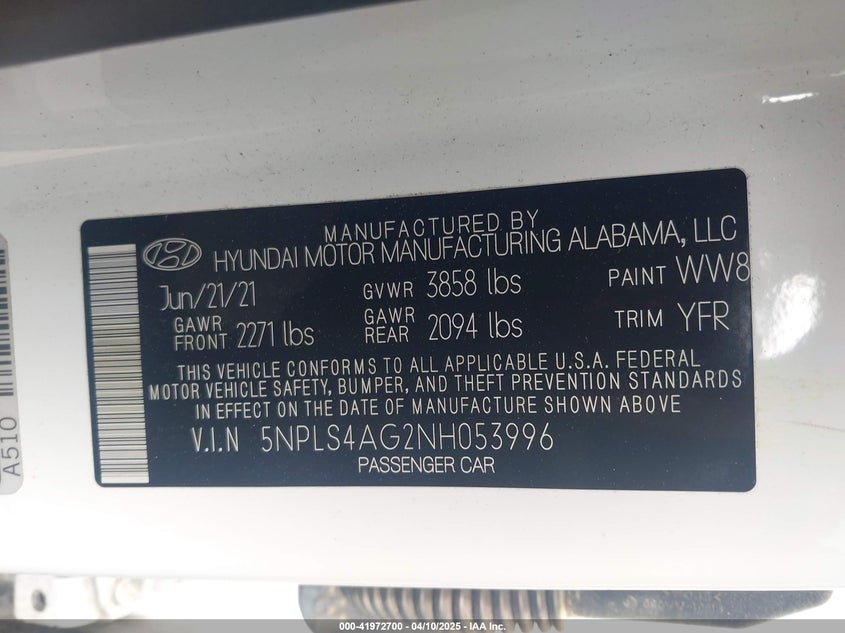 2022 HYUNDAI ELANTRA VIN: 5NPLS4AG2NH053996