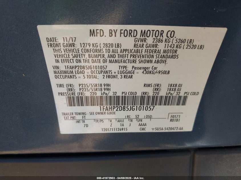 2018 FORD TAURUS VIN: 1FAHP2D85JG101057