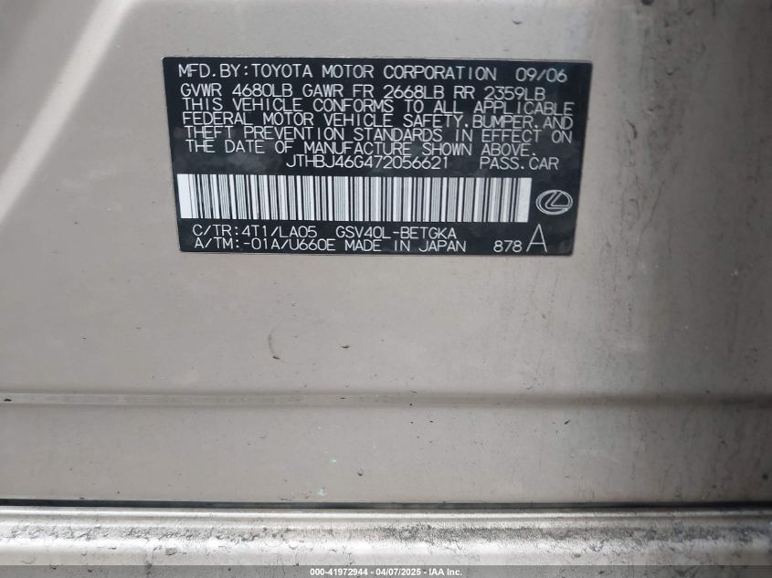 2007 Lexus Es 350 VIN: JTHBJ46G472056621 Lot: 41972944