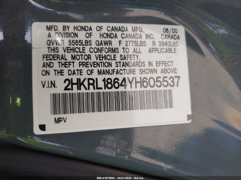 2000 Honda Odyssey Ex VIN: 2HKRL1864YH605537 Lot: 41972983