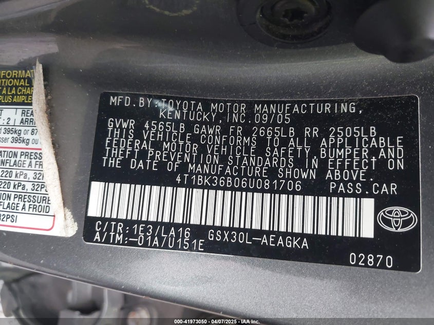 2006 TOYOTA AVALON VIN: 4T1BK36B06U081706