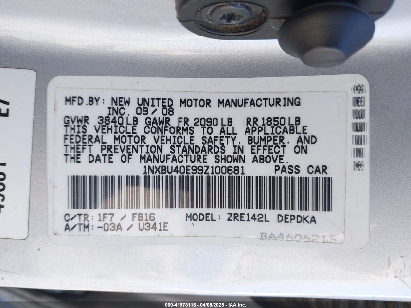 2009 TOYOTA COROLLA VIN: 1NXBU40E99Z100681
