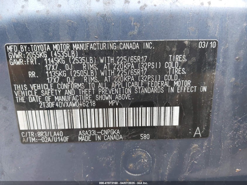 2010 TOYOTA RAV4 VIN: 2T3DF4DVXAW046218