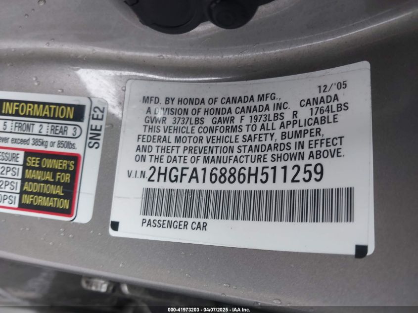 2006 Honda Civic Ex VIN: 2HGFA16886H511259 Lot: 41973203