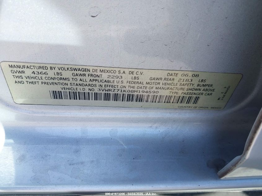 2008 Volkswagen Jetta Se/Sel VIN: 3VWRZ71K08M194590 Lot: 41973206
