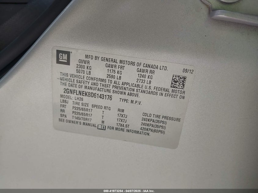 2013 CHEVROLET EQUINOX VIN: 2GNFLNEK8D6143176