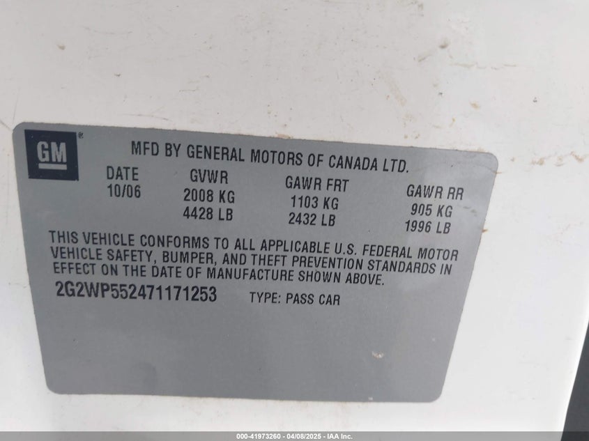 2007 PONTIAC GRAND PRIX VIN: 2G2WP552471171253