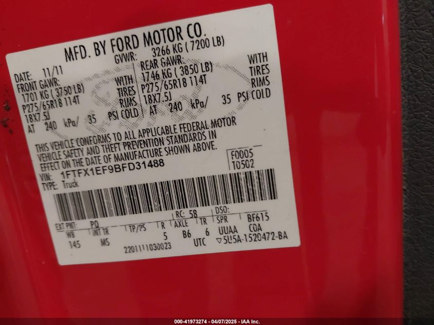 2011 Ford F-150 Xlt VIN: 1FTFX1EF9BFD31488 Lot: 41973274