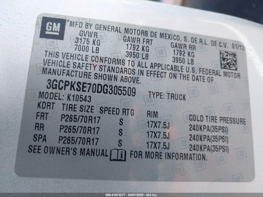 2013 CHEVROLET SILVERADO 1500 VIN: 3GCPKSE70DG305509