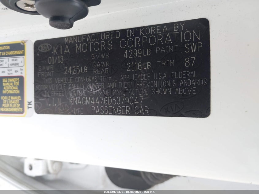 2013 KIA OPTIMA VIN: KNAGM4A76D5379047