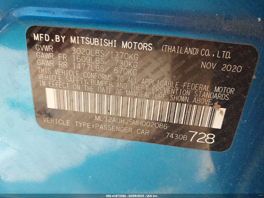 2021 MITSUBISHI MIRAGE VIN: ML32AUHJ5MH002086