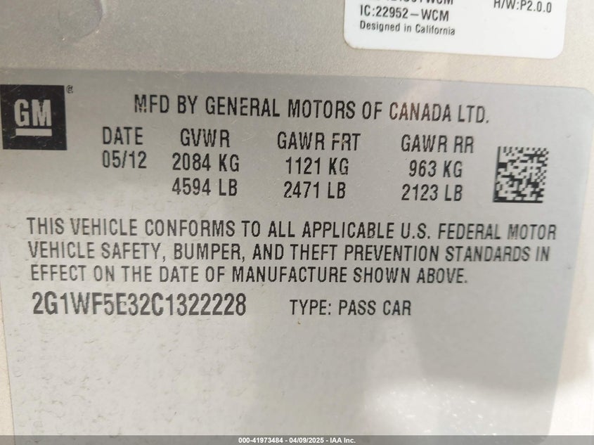 2012 CHEVROLET IMPALA VIN: 2G1WF5E32C1322228