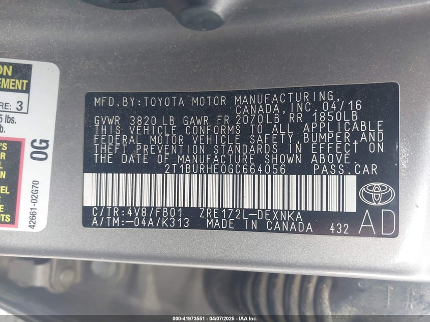 2016 TOYOTA COROLLA VIN: 2T1BURHE0GC664056