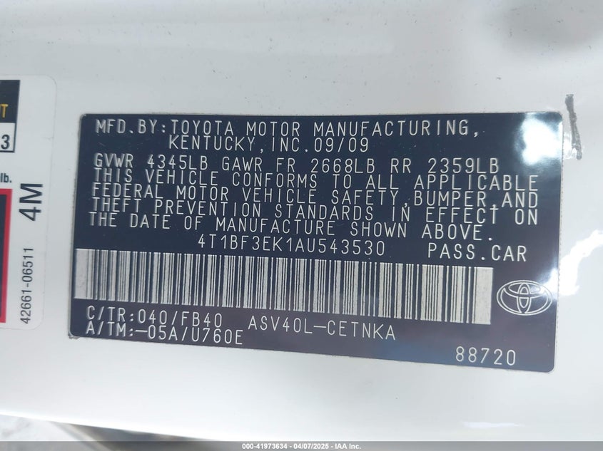 2010 TOYOTA CAMRY VIN: 4T1BF3EK1AU543530