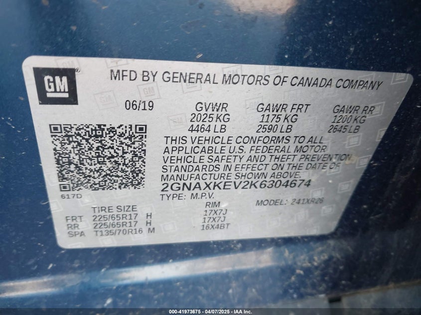 2019 CHEVROLET EQUINOX VIN: 2GNAXKEV2K6304674