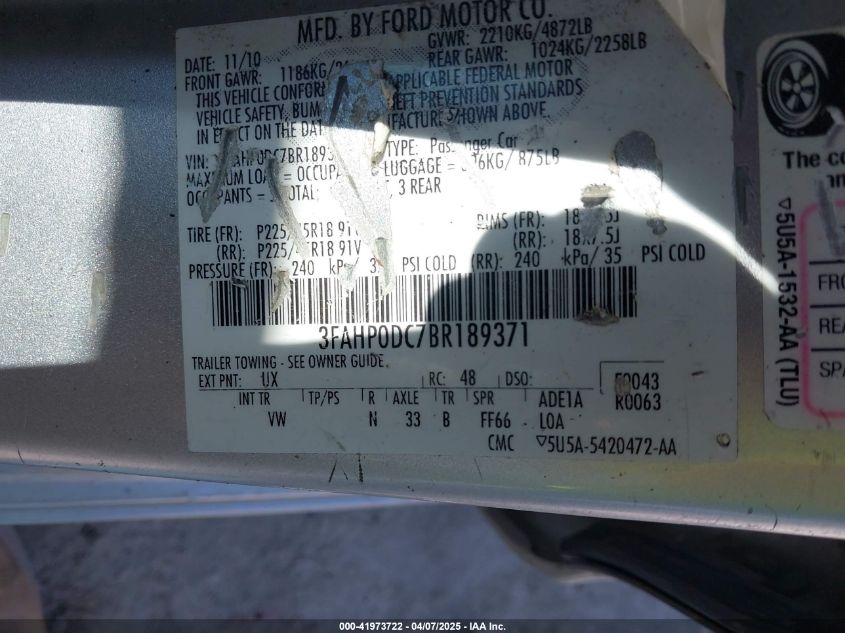 2011 Ford Fusion Sport VIN: 3FAHP0DC7BR189371 Lot: 41973722