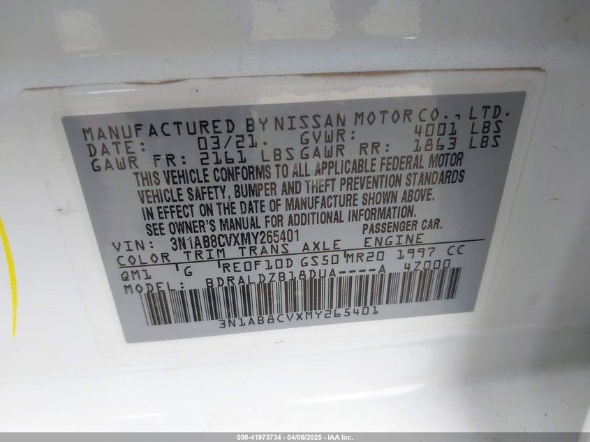 2021 NISSAN SENTRA 2.0L I4 FI DOHC 16V (VIN: 3N1AB8CVXMY265401