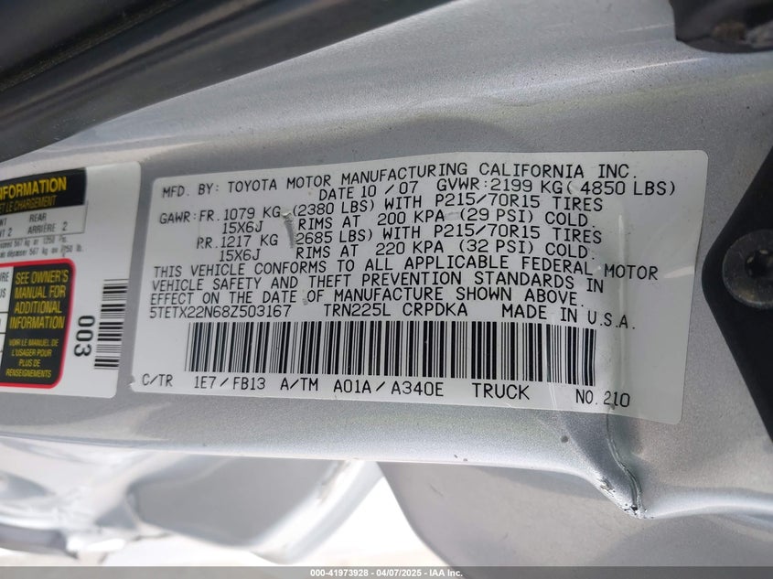 2008 TOYOTA TACOMA VIN: 5TETX22N68Z503167