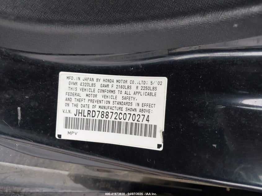 2002 Honda Cr-V Ex VIN: JHLRD78872C070274 Lot: 41973938