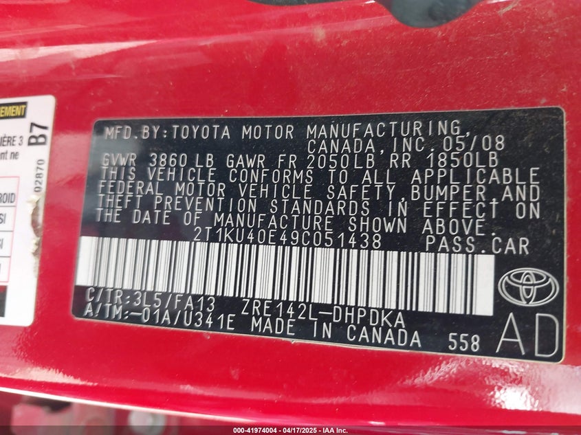 2009 TOYOTA COROLLA MATRIX VIN: 2T1KU40E49C051438