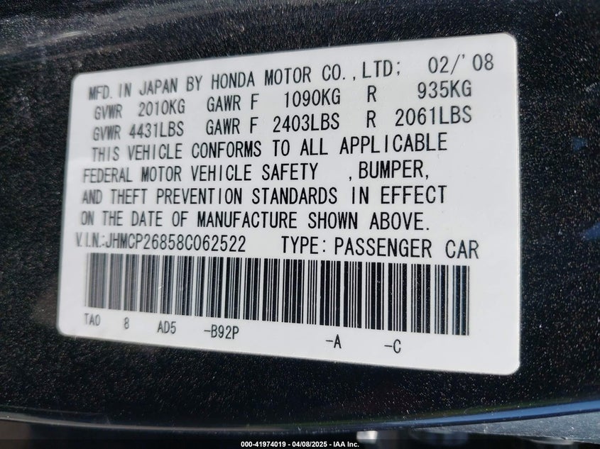 2008 HONDA ACCORD VIN: JHMCP26858C062522