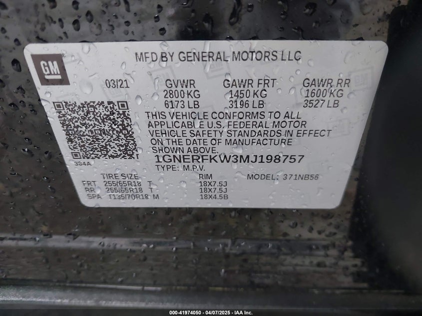 2021 CHEVROLET TRAVERSE VIN: 1GNERFKW3MJ198757