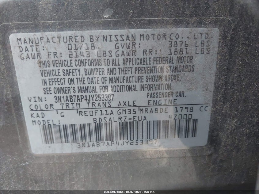 2018 NISSAN SENTRA VIN: 3N1AB7AP4JY253397