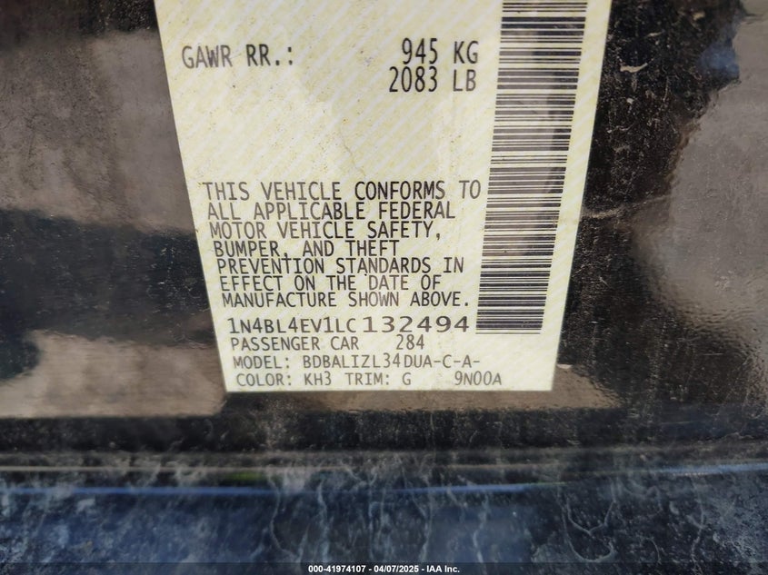 2020 NISSAN ALTIMA VIN: 1N4BL4EV1LC132494
