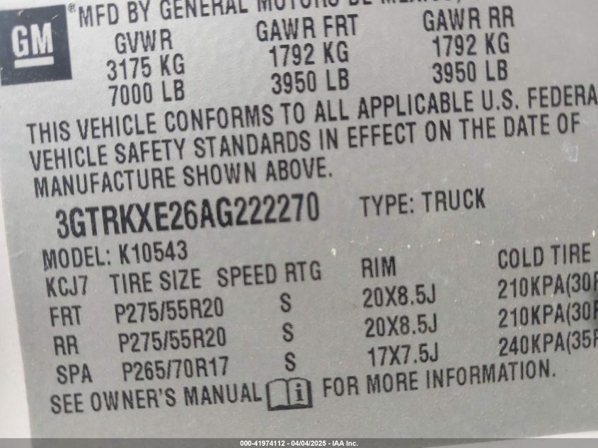 2010 GMC Sierra 1500 Denali VIN: 3GTRKXE26AG222270 Lot: 41974112