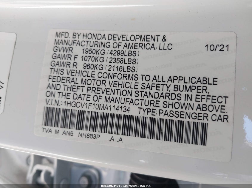2021 HONDA ACCORD VIN: 1HGCV1F10MA114134