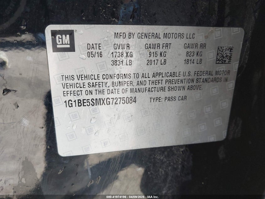 2016 CHEVROLET CRUZE VIN: 1G1BE5SMXG7275084