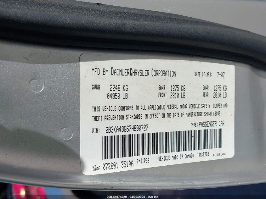 2007 Dodge Charger VIN: 2B3KA43G67H890727 Lot: 41974229